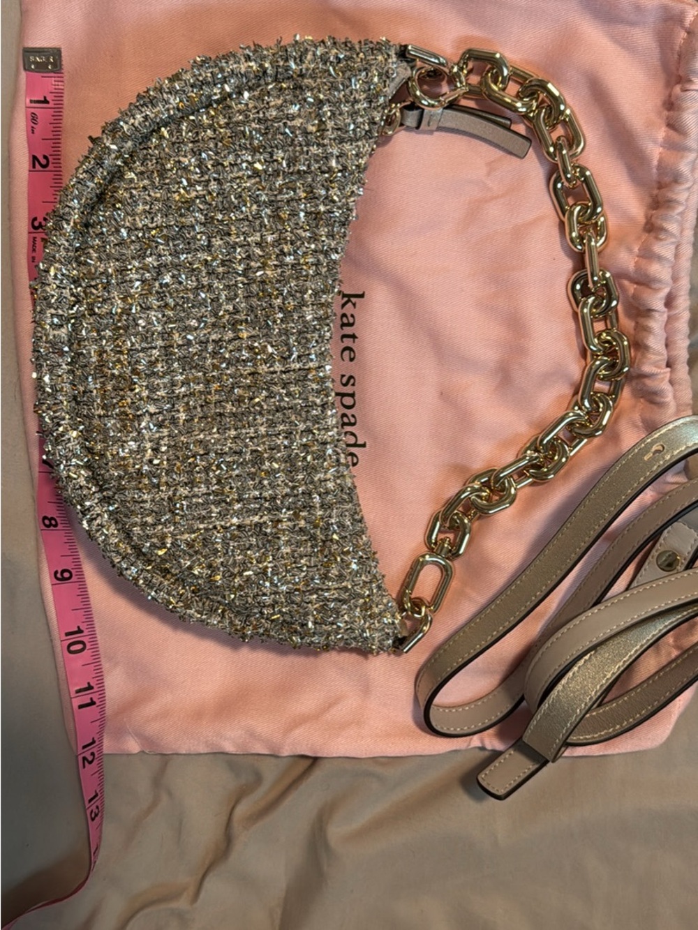 kate spade Metallic Tweed Crescent Bag with Gold Chain